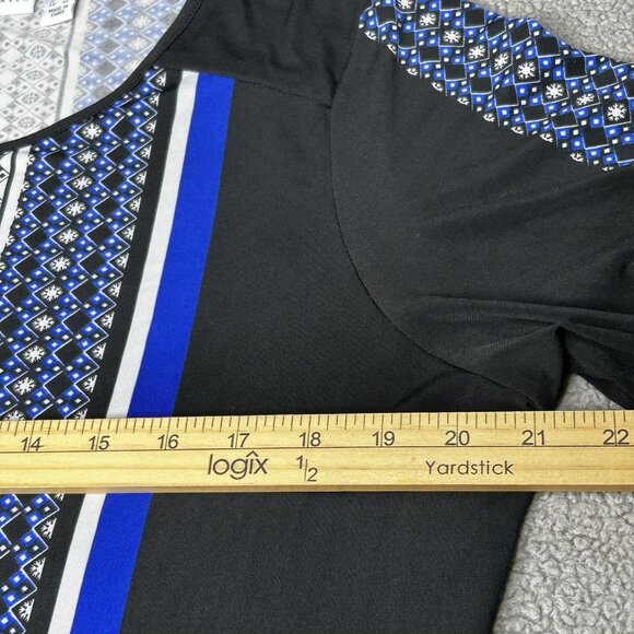 Susan Graver Shirt Womens Large Black Blue Liquid Knit Geometric Print Stretch - Picture 7 of 11